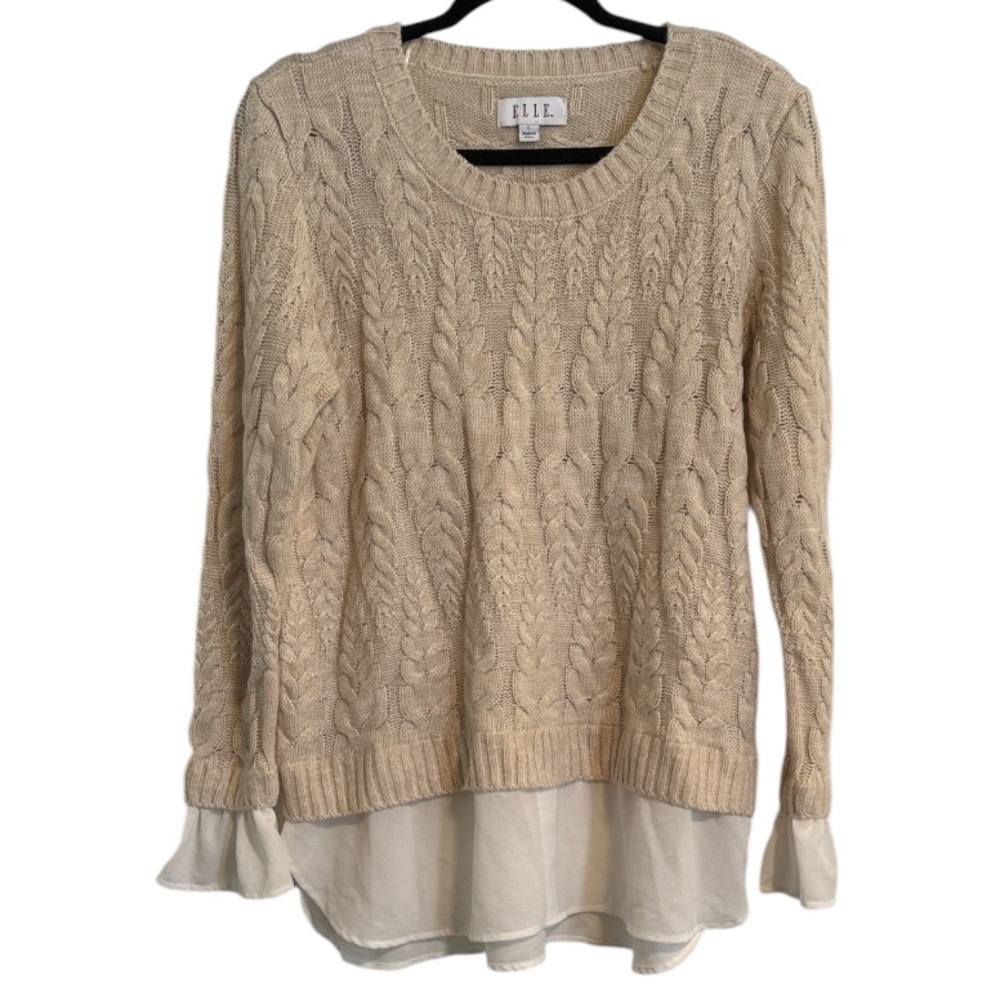 🖤 Elle Cream and White Cable Knit Sweater with Bottom and Sleeve Detail